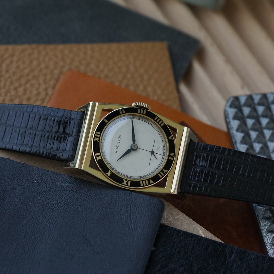 Hamilton 1940s Piping Rock Black Enamel 14k Yellow Gold