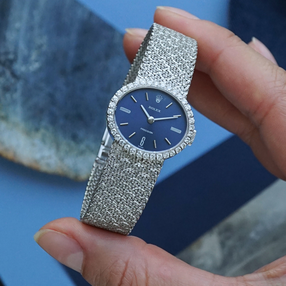 Rolex 1970s Precision 3156 Diamond Oval 18k White Gold Bracelet