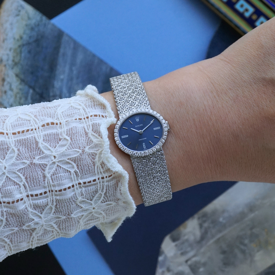 Rolex 1970s Precision 3156 Diamond Oval 18k White Gold Bracelet