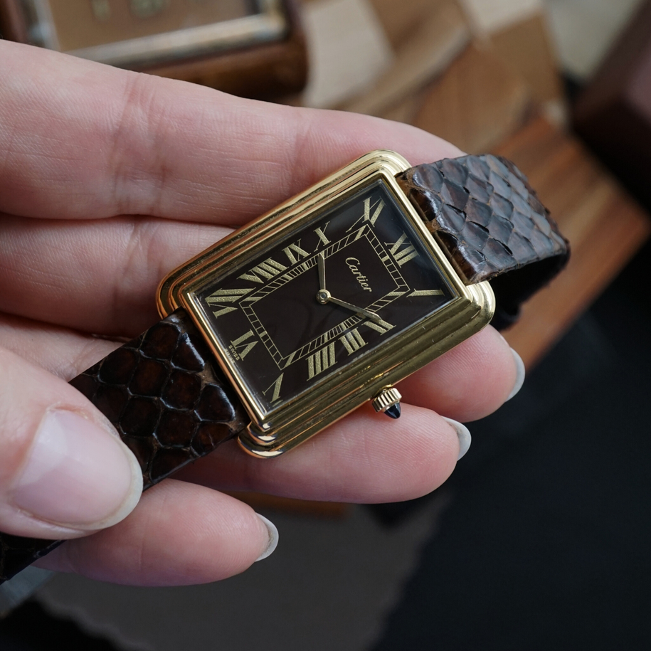 Cartier 1970s Jumbo Stepped Tank Brown Dial London Ref. 471 Gold-Plated 28mm