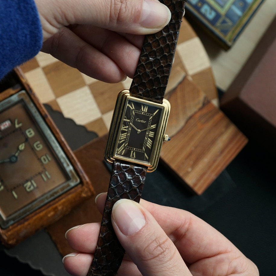 Cartier 1970s Jumbo Stepped Tank Brown Dial London Ref. 471 Gold-Plated 28mm