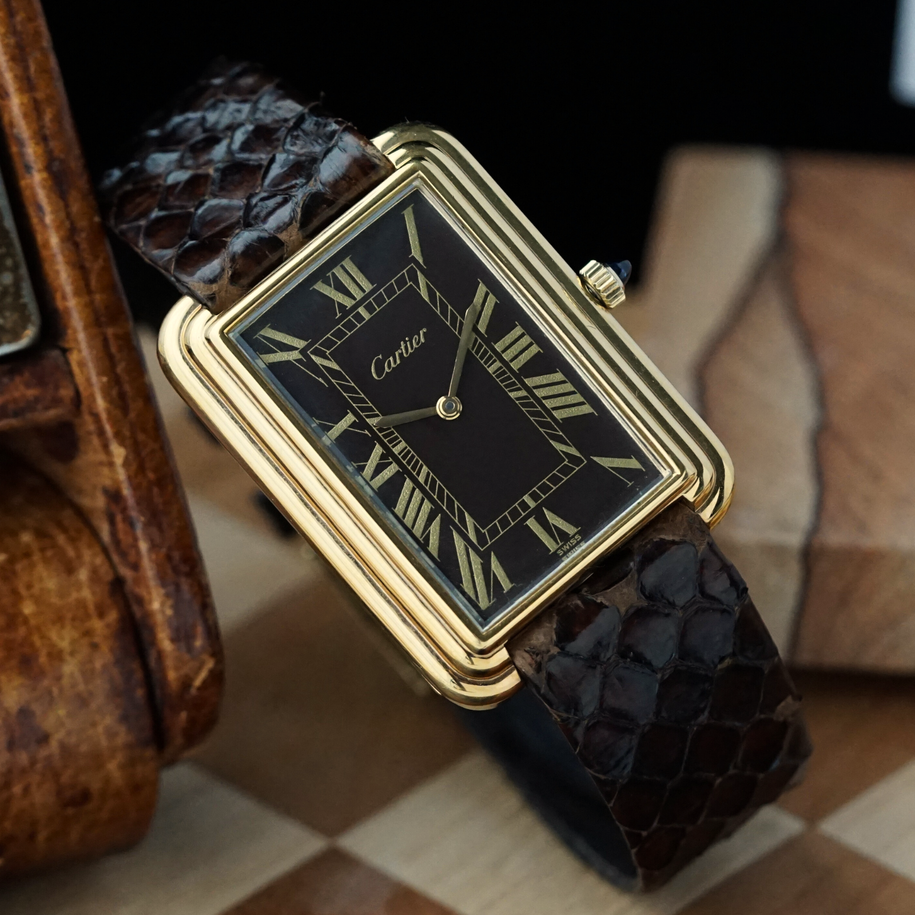 Cartier 1970s Jumbo Stepped Tank Brown Dial London Ref. 471 Gold-Plated 28mm