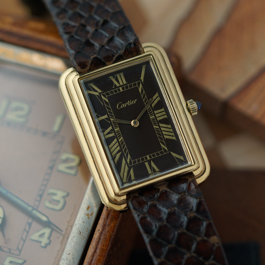 Cartier 1970s Jumbo Stepped Tank Brown Dial London Ref. 471 Gold-Plated 28mm