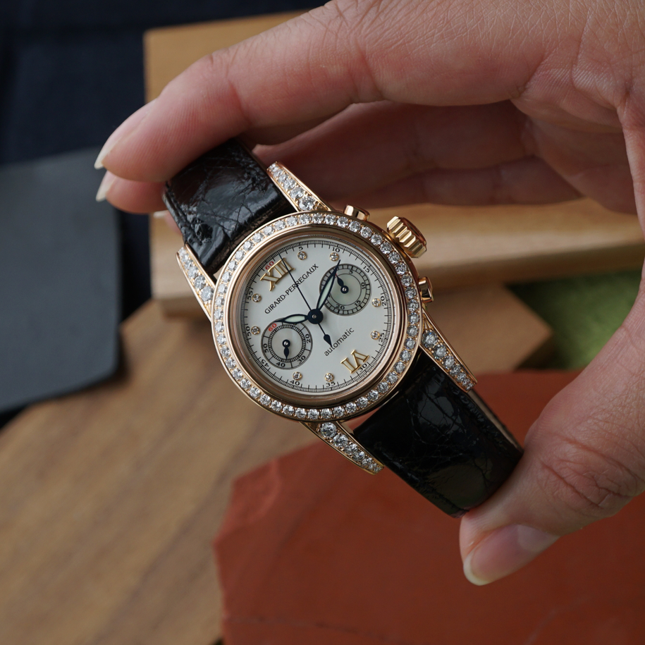 Girard Perregaux 1990s Lady Chronograph 8046 Diamond & Mother of Pearl Pink Gold Factory Service