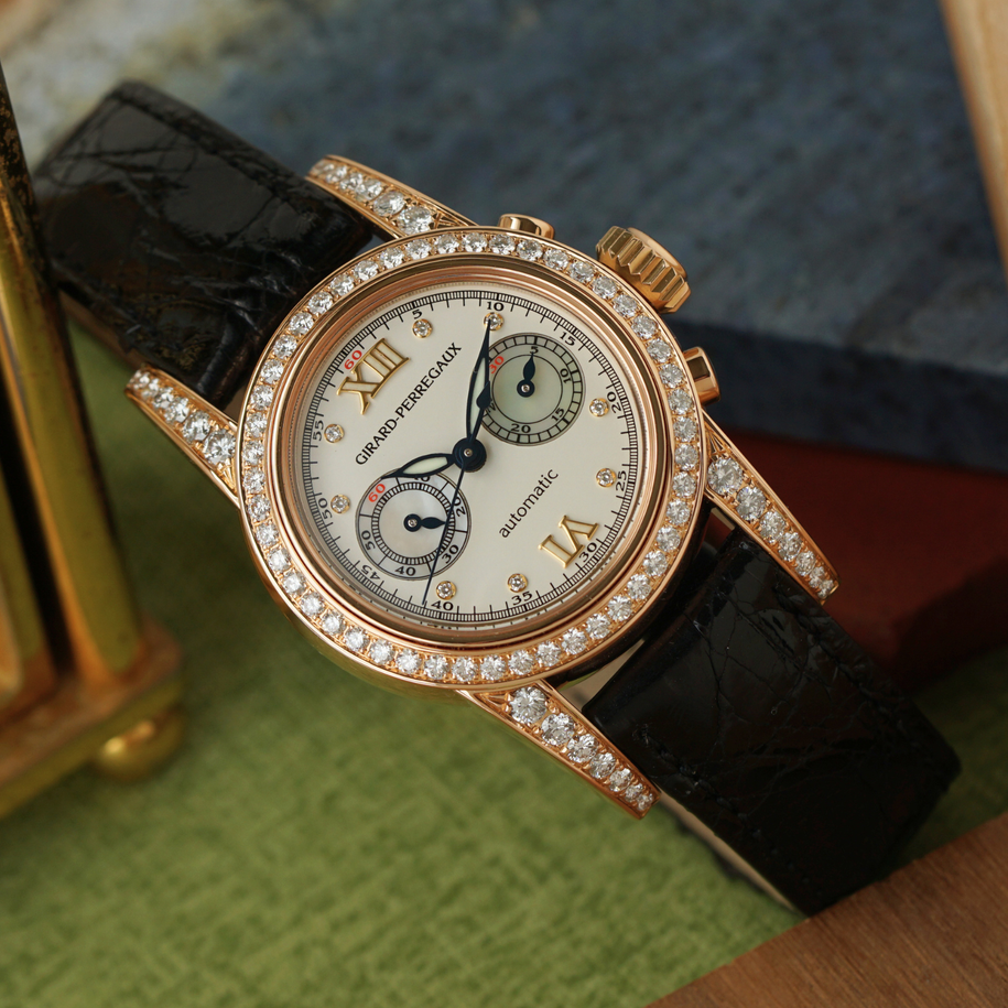 Girard Perregaux 1990s Lady Chronograph 8046 Diamond & Mother of Pearl Pink Gold Factory Service