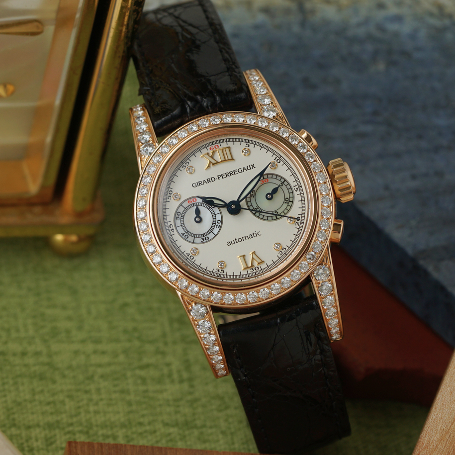 Girard Perregaux 1990s Lady Chronograph 8046 Diamond & Mother of Pearl Pink Gold Factory Service