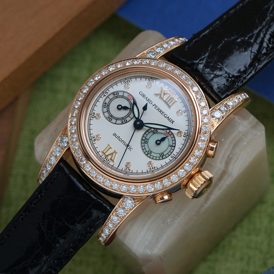 Girard Perregaux 1990s Lady Chronograph 8046 Diamond & Mother of Pearl Pink Gold Factory Service