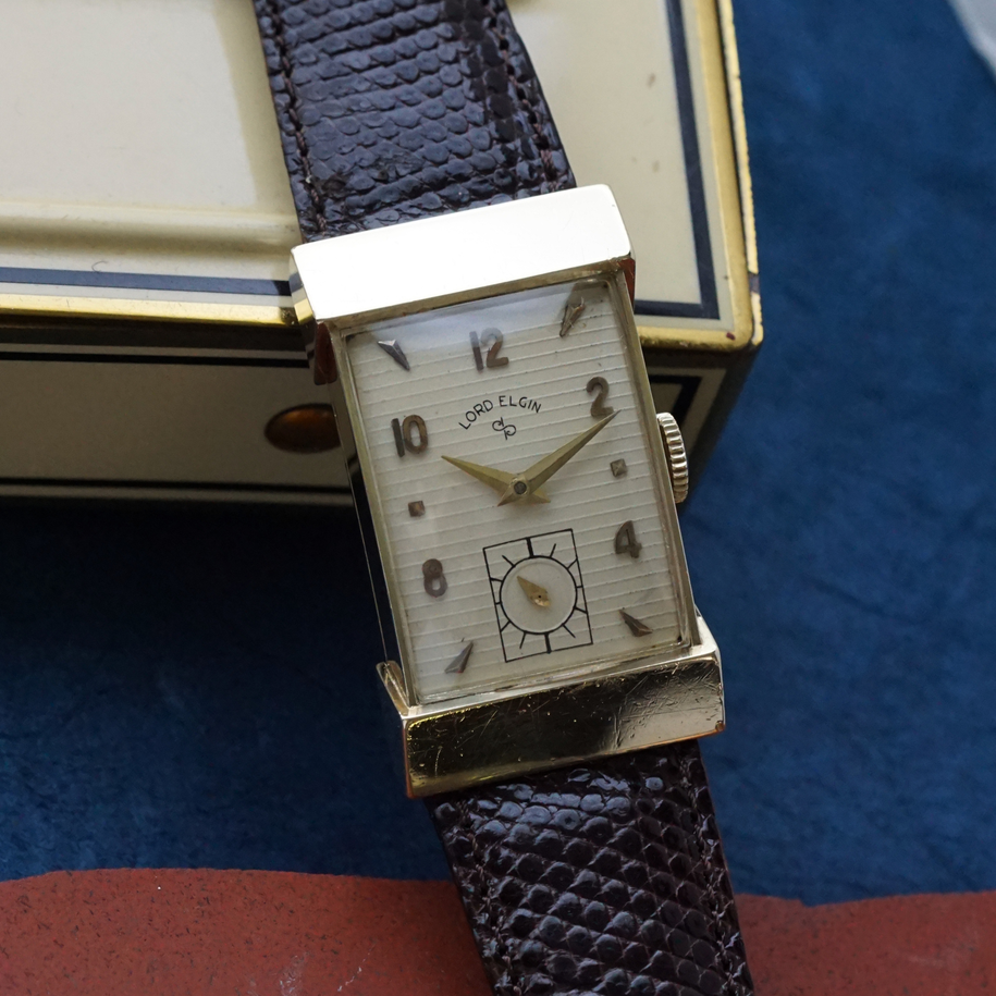 Lord Elgin 1954 Art-Deco Tank Inspired Ref. 4528 14k Yellow Gold Manual