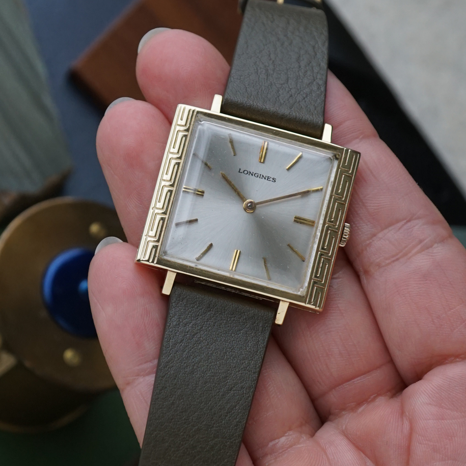 Longines 1970s Oversized Greek Key Bezel 14k Yellow Gold Manual Wind