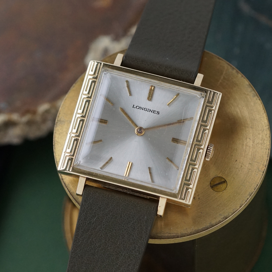 Longines 1970s Oversized Greek Key Bezel 14k Yellow Gold Manual Wind