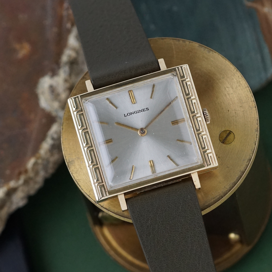 Longines 1970s Oversized Greek Key Bezel 14k Yellow Gold Manual Wind