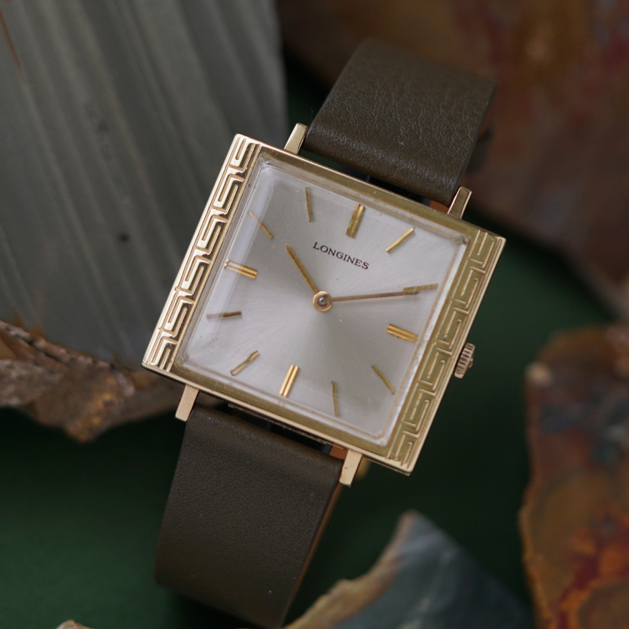 Longines 1970s Oversized Greek Key Bezel 14k Yellow Gold Manual Wind