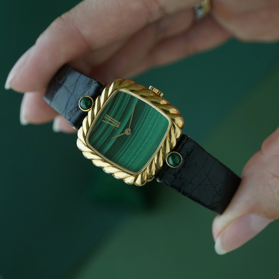 Vintage 1970-80s Malachite Ribbed 18k Yellow Gold Manual Wind