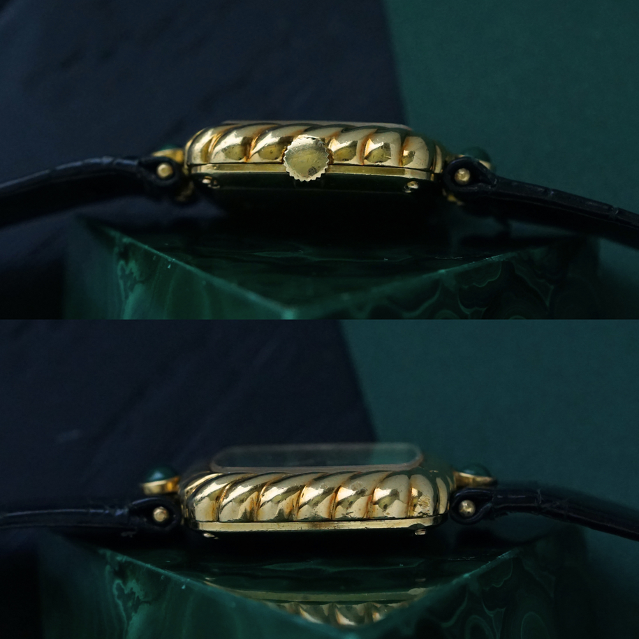 Vintage 1970-80s Malachite Ribbed 18k Yellow Gold Manual Wind