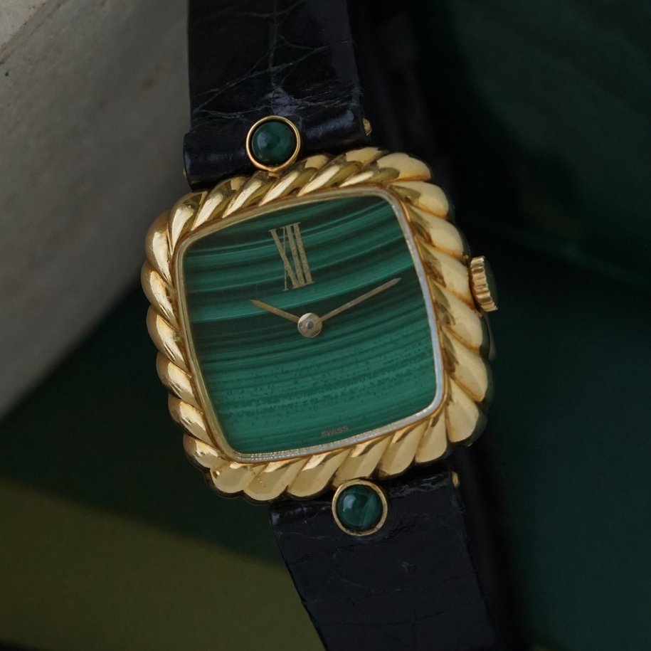 Vintage 1970-80s Malachite Ribbed 18k Yellow Gold Manual Wind