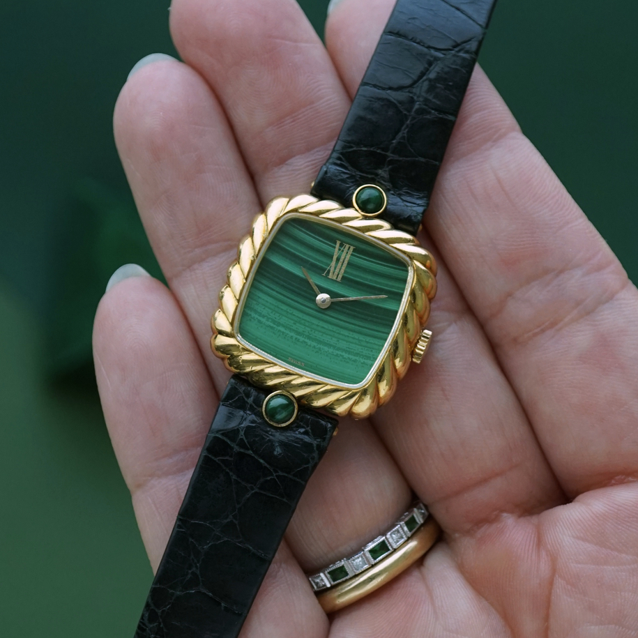 Vintage 1970-80s Malachite Ribbed 18k Yellow Gold Manual Wind