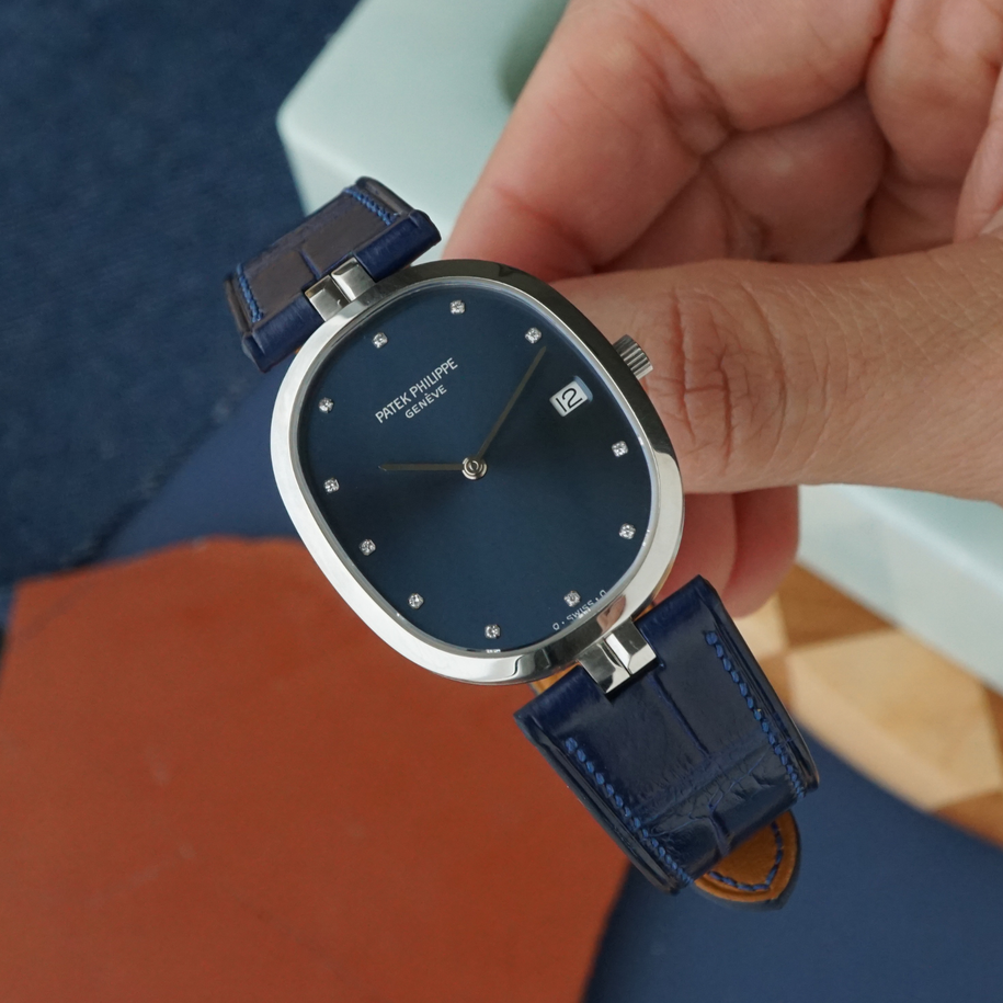 Rare Patek Philippe Ellipse 3930A Stainless Steel Blue Diamond Dial Watch