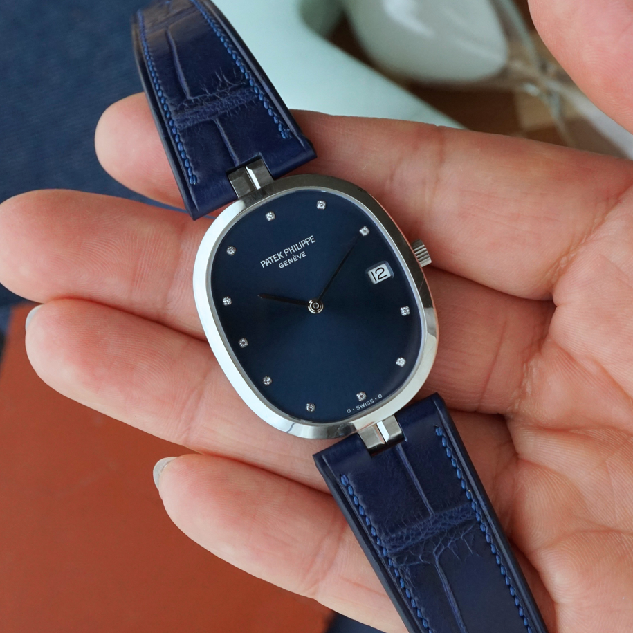 Rare Patek Philippe Ellipse 3930A Stainless Steel Blue Diamond Dial Watch