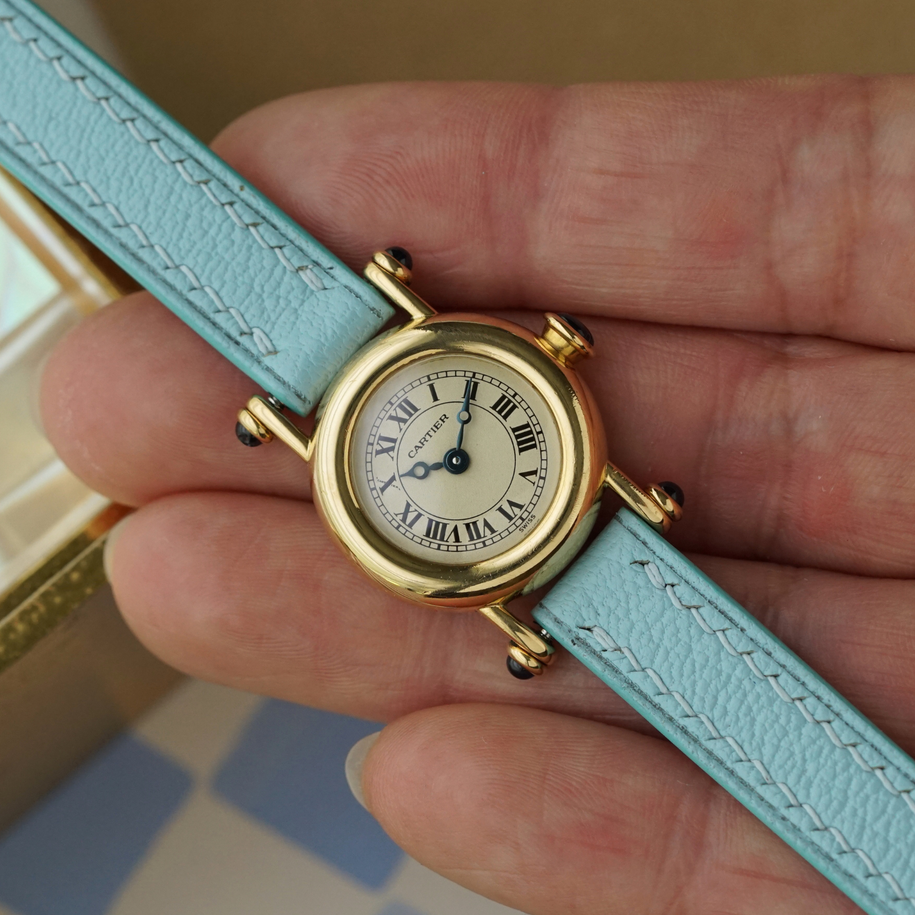 Cartier Diabolo Mini 18K Yellow Gold Quartz Watch Blue Cabochon Roman Dial