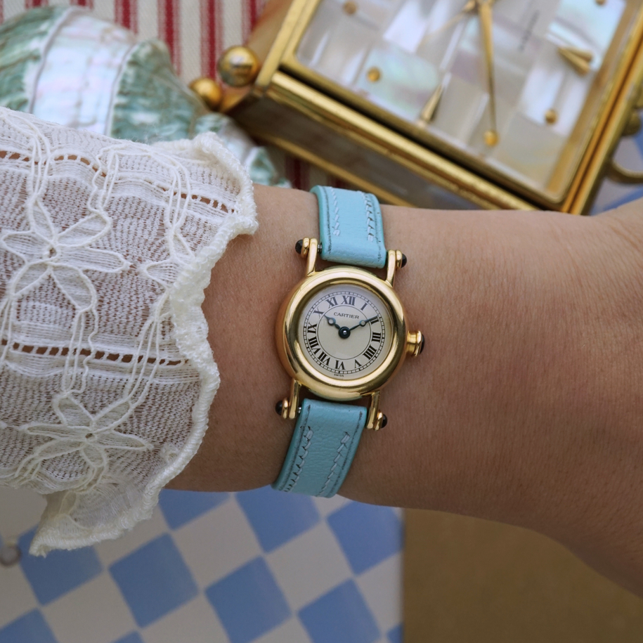 Cartier Diabolo Mini 18K Yellow Gold Quartz Watch Blue Cabochon Roman Dial