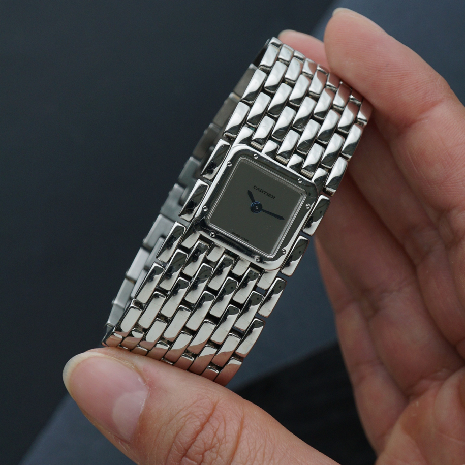 Cartier Panthere Ruban Steel Mirror Dial Quartz Bracelet Watch Ref 2420