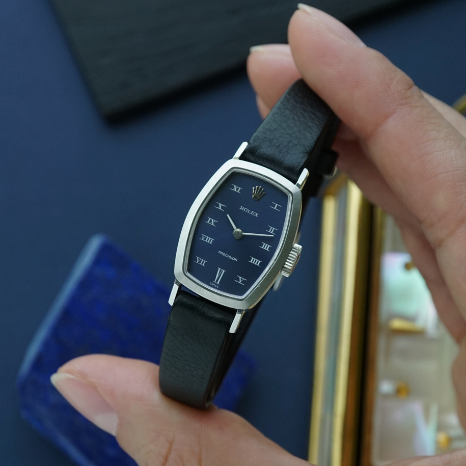 Rolex Precision 2648 Vintage 18k White Gold Blue Dial Manual Wind Watch 1968-69