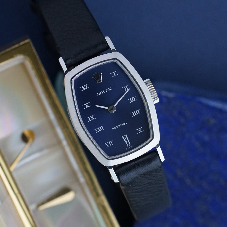 Rolex Precision 2648 Vintage 18k White Gold Blue Dial Manual Wind Watch 1968-69