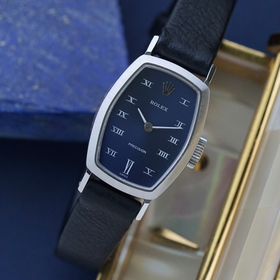 Rolex Precision 2648 Vintage 18k White Gold Blue Dial Manual Wind Watch 1968-69