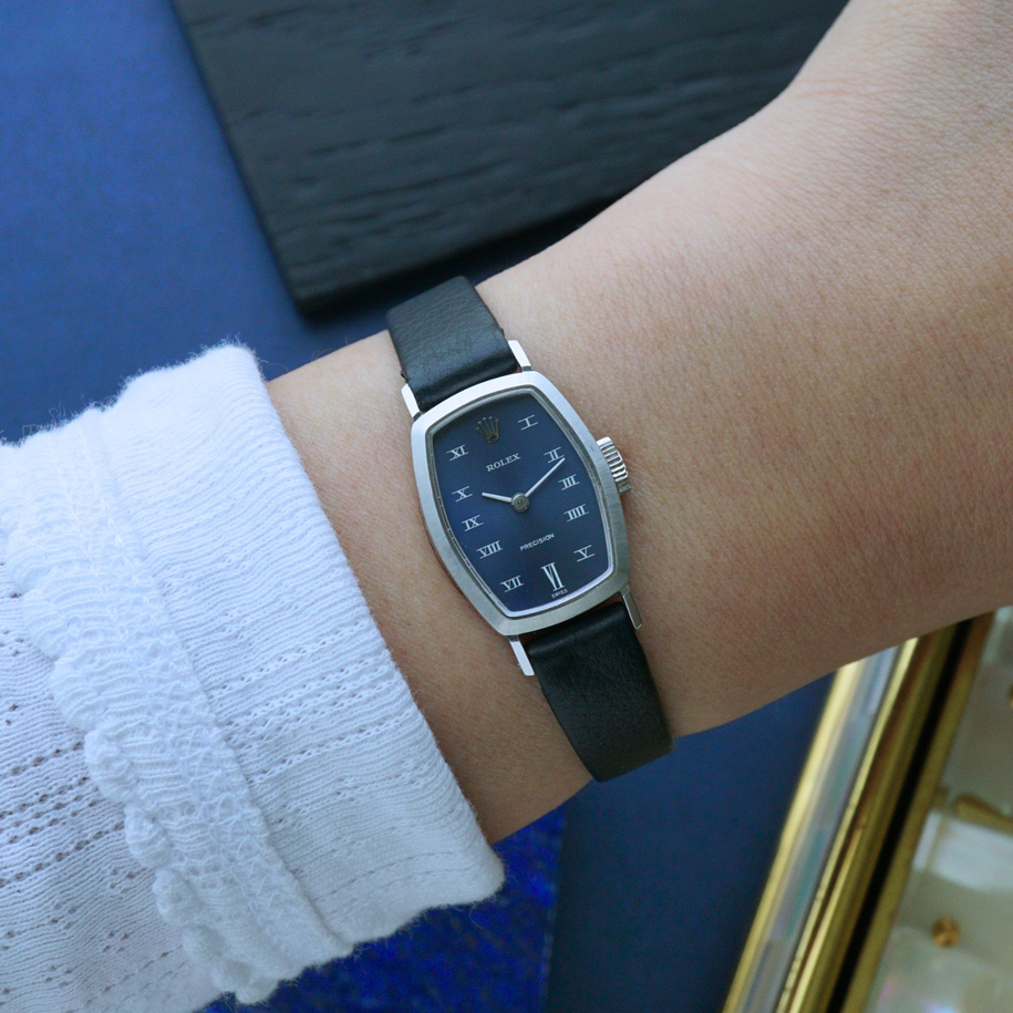 Rolex Precision 2648 Vintage 18k White Gold Blue Dial Manual Wind Watch 1968-69