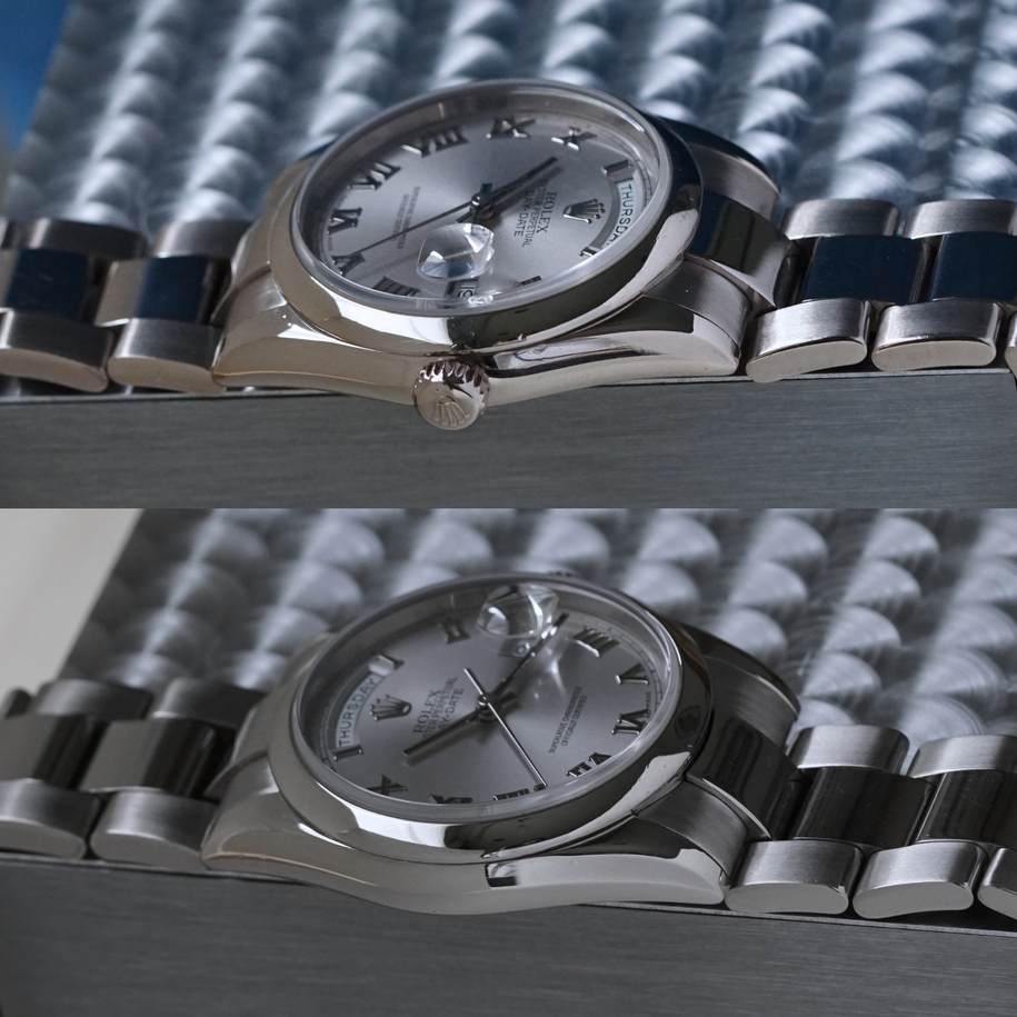 Rolex Day-Date 118209 18k White Gold Silver Roman Dial Oyster Bracelet Box Papers 2001