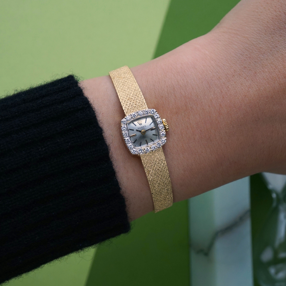 Vintage Rolex 14K Gold Diamond Cocktail Watch Integrated Bracelet Manual Wind