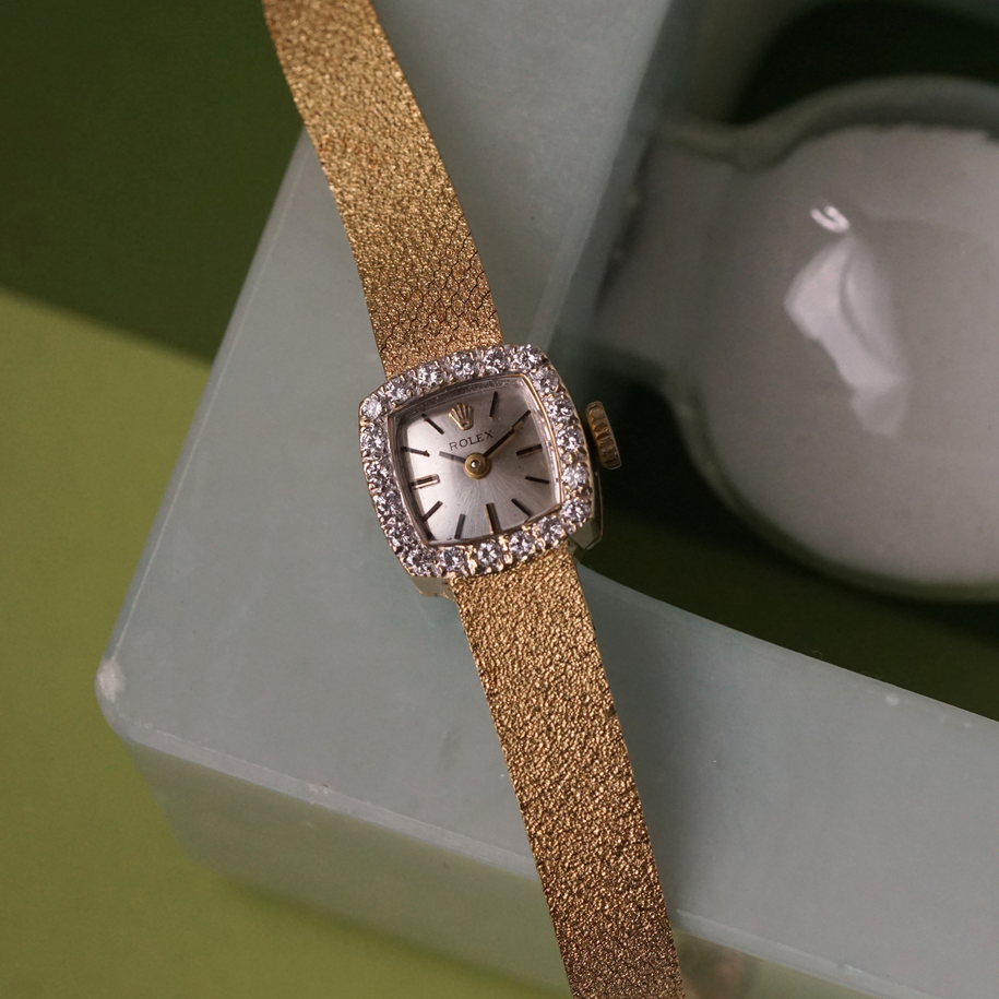 Vintage Rolex 14K Gold Diamond Cocktail Watch Integrated Bracelet Manual Wind