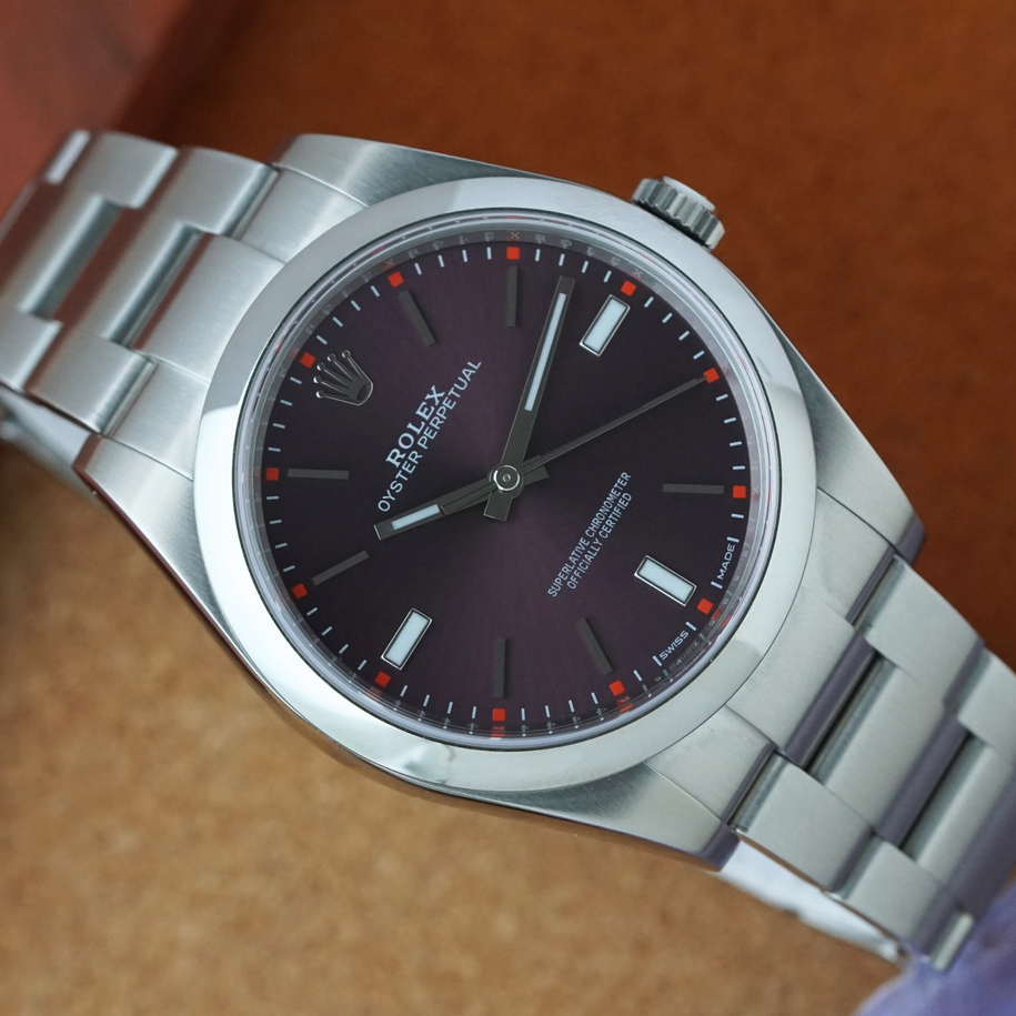 Rolex Oyster Perpetual Red Grape Dial Ref 114300 Steel Automatic