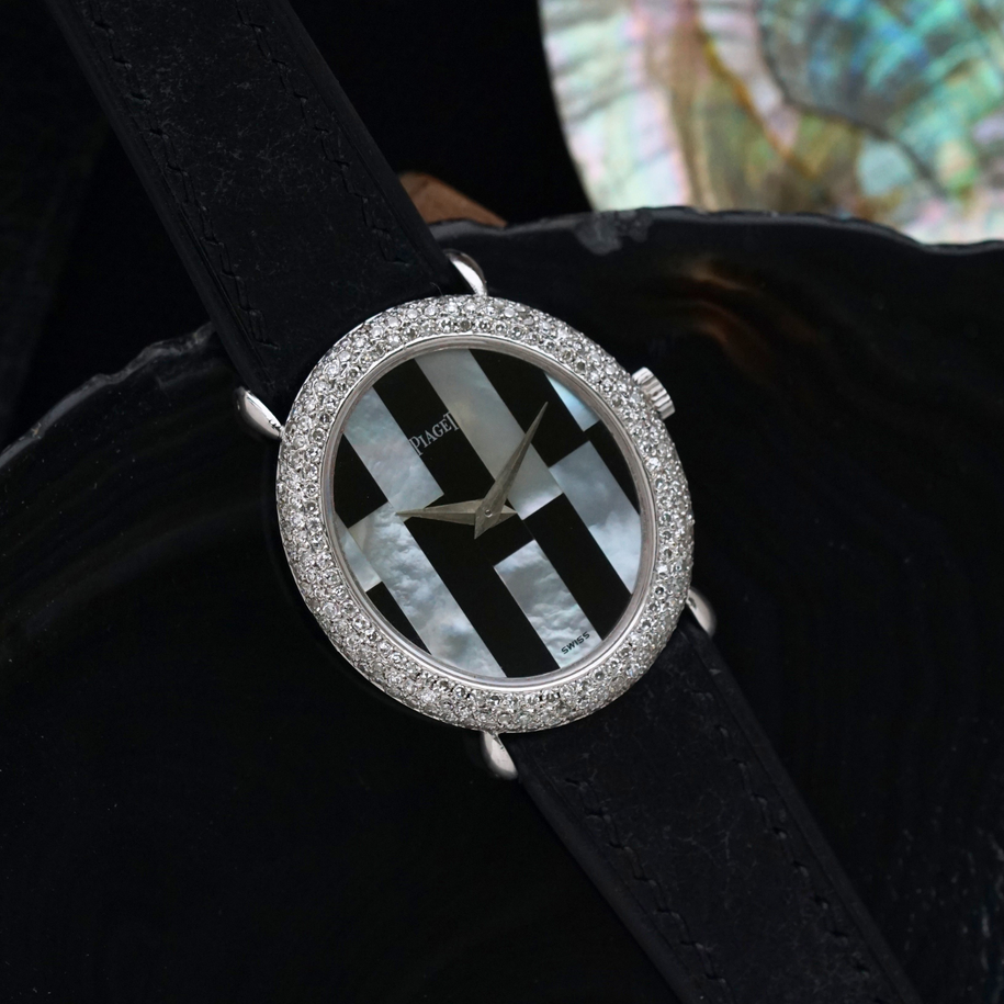 Vintage Piaget Oval Tuxedo Onyx & Mother of Pearl Diamond 9815 White Gold 1960s 1970s