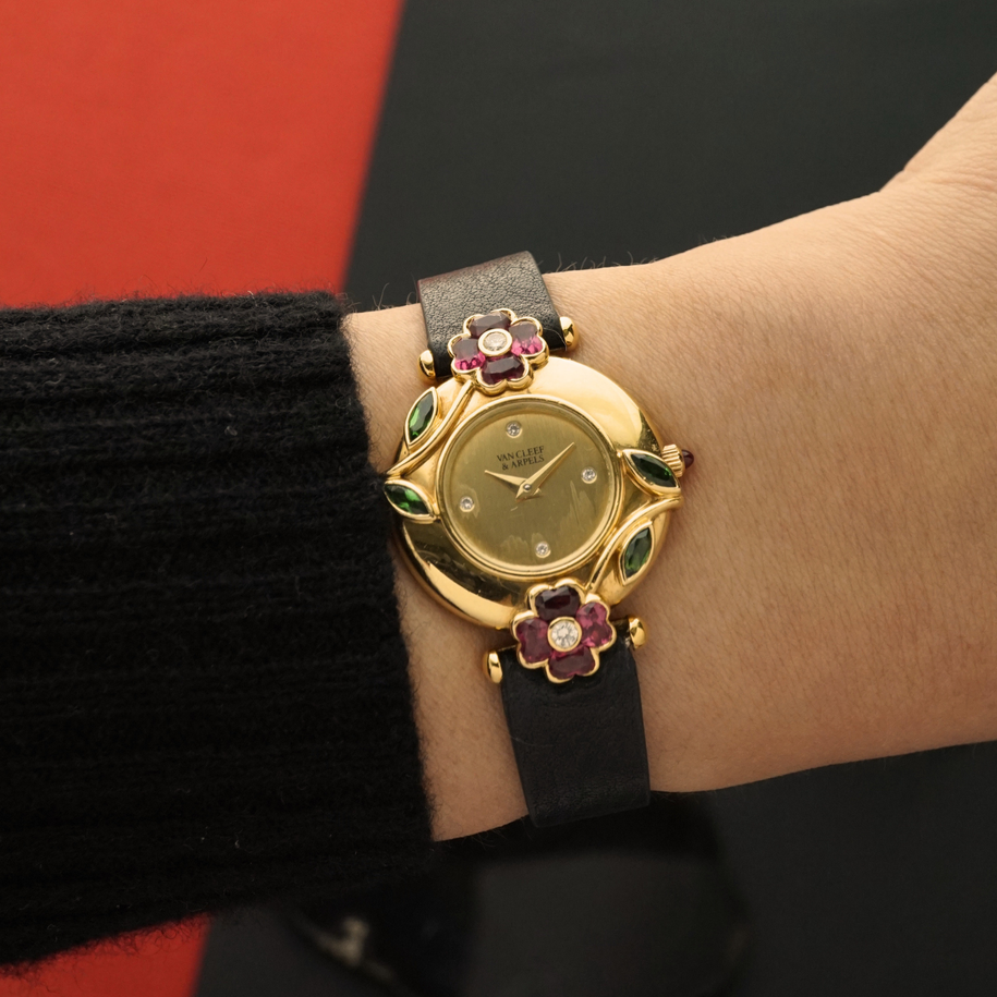 Vintage Van Cleef & Arpels 18k Yellow Gold Ruby Emerald Diamond Floral Quartz Watch 1980s