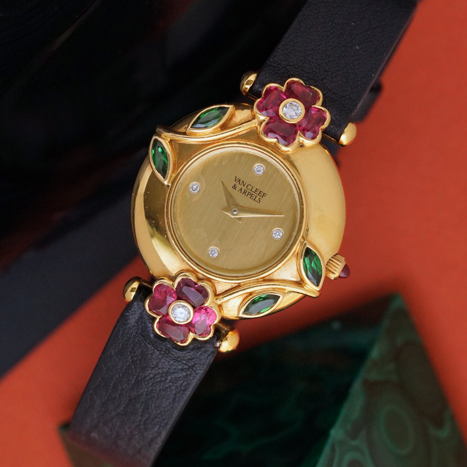Vintage Van Cleef & Arpels 18k Yellow Gold Ruby Emerald Diamond Floral Quartz Watch 1980s