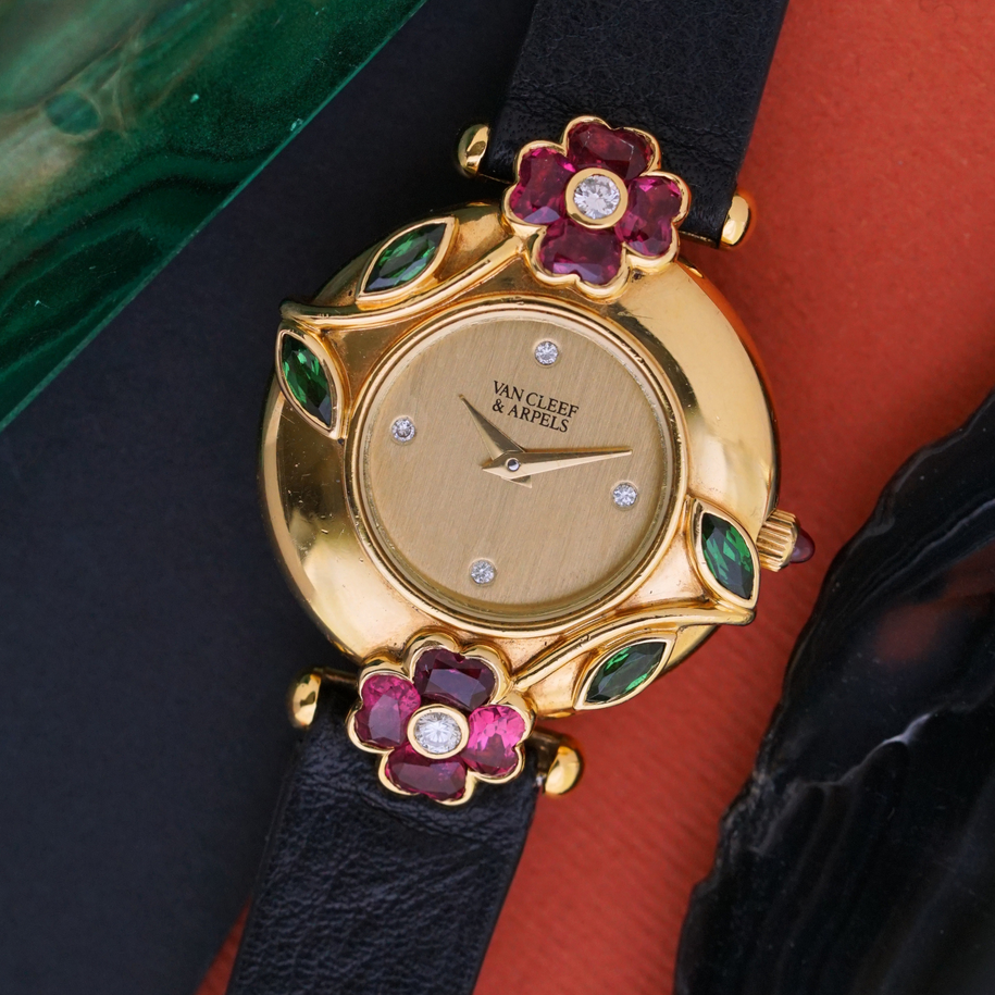 Vintage Van Cleef & Arpels 18k Yellow Gold Ruby Emerald Diamond Floral Quartz Watch 1980sVintage Van Cleef & Arpels 18k Yellow Gold Ruby Emerald Diamond Floral Quartz Watch 1980s