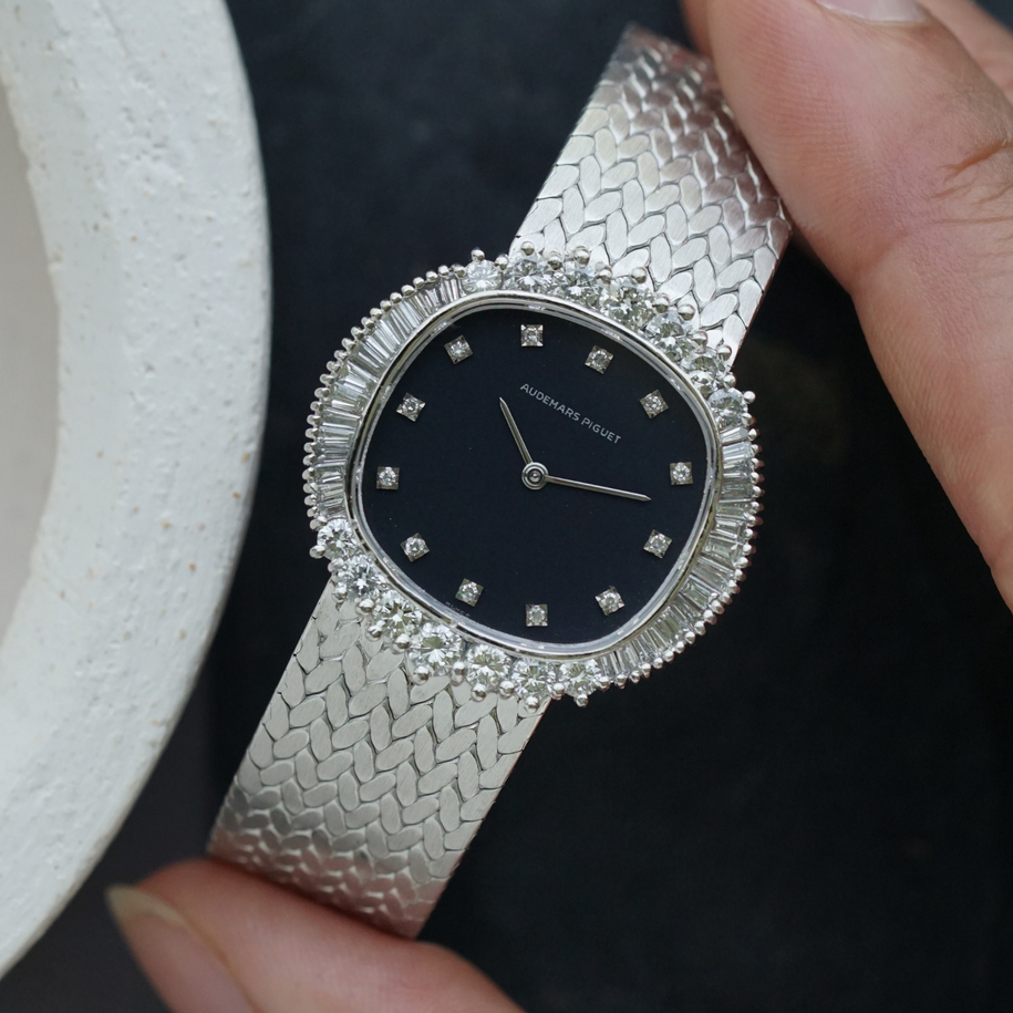 Vintage Audemars Piguet Cushion Diamond 18k White Gold Woven Bracelet 1970s