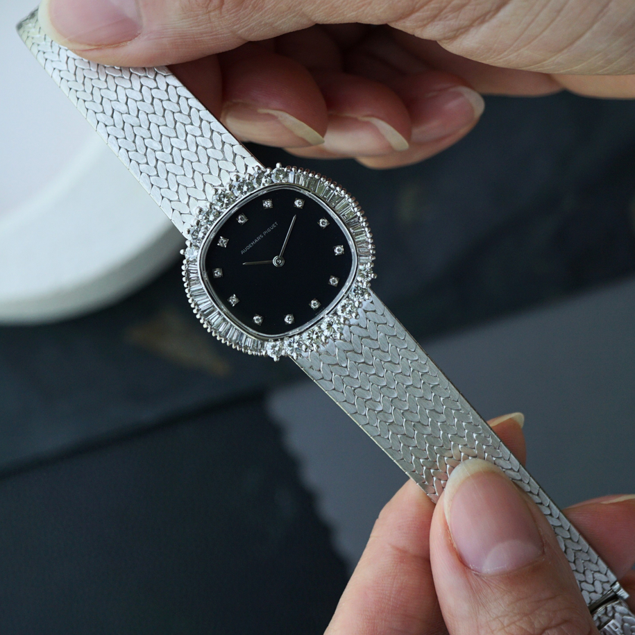 Vintage Audemars Piguet Cushion Diamond 18k White Gold Woven Bracelet 1970s