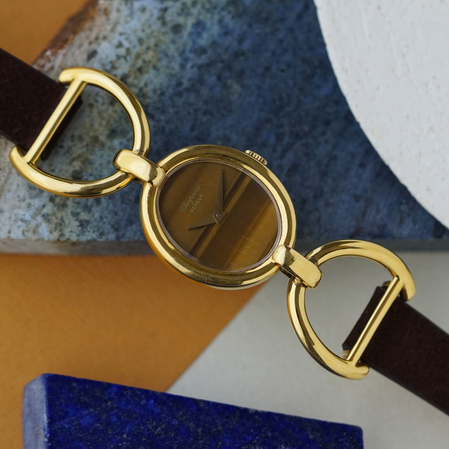 Vintage Chopard L.U.C. Tiger’s-Eye Stirrup Watch 18k Yellow Gold 1970s