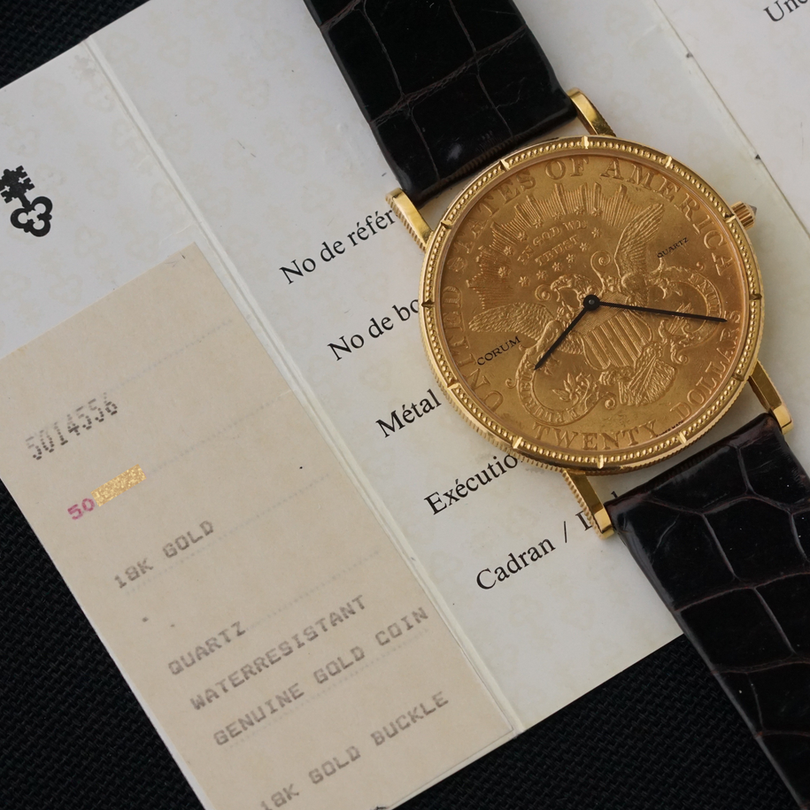 Corum $20 Double Eagle Coin Watch 1904 Ref. 50.145.56 18k Gold Quartz Full Set