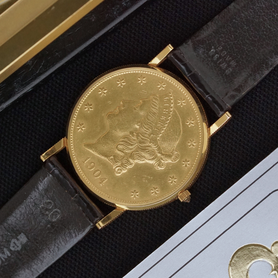 Corum $20 Double Eagle Coin Watch 1904 Ref. 50.145.56 18k Gold Quartz Full Set