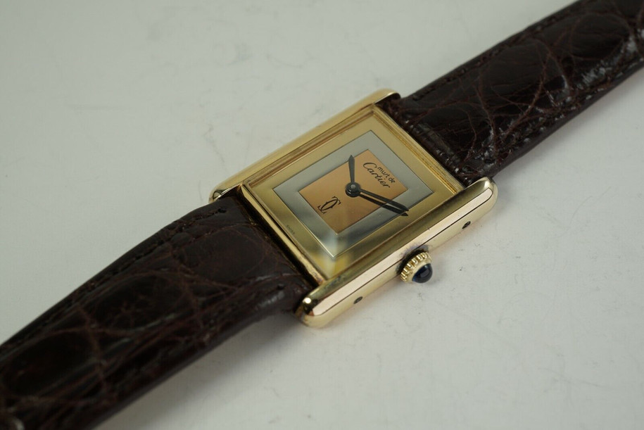 Cartier Tank vermeil silver watch dates 1970's tri-color dial all original for sale houston fabsuisse