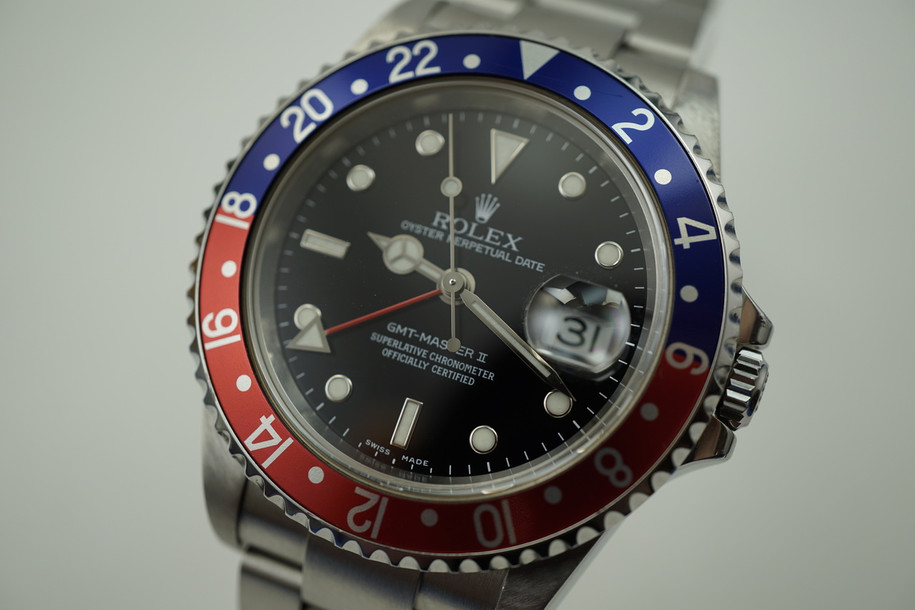 ROLEX 16710T GMT II PEPSI BEZEL STAINLESS STEEL DATES 2005 PREO-WNED FOR SALE HOUSTON FABSUISSE