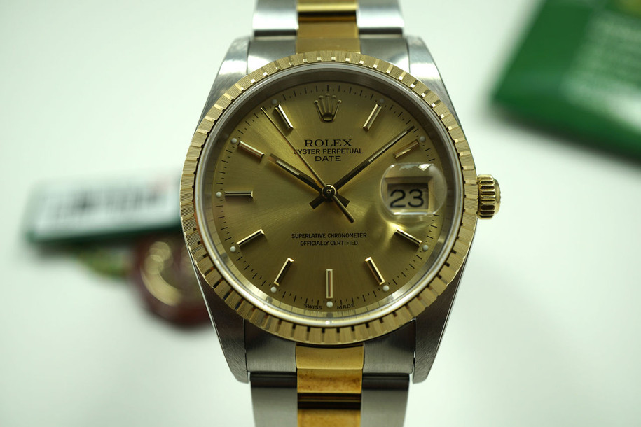 Rolex 15223 Date 18k & steel unworn w/ box & papers "K" series c. 2001 pre-owned for sale houston fabsuisse