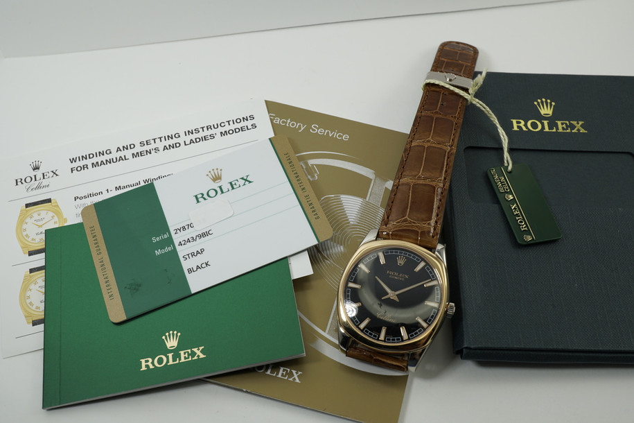Rolex 4243 XL Cellini 18k rose & white gold w/tag, card, books & box c.2016 pre-owned for sale houston fabsuisse
