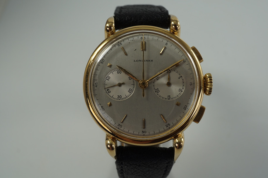 Longines 5645 Chronograph 13 ZN caliber 18k w/ historical papers  c. 1946 vintage original for sale houston fabsuisse