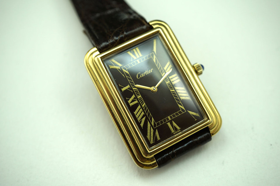 Cartier Rectangle large vintage  original chocolate dial c. 1970's vintage for sale houston fabsuisse