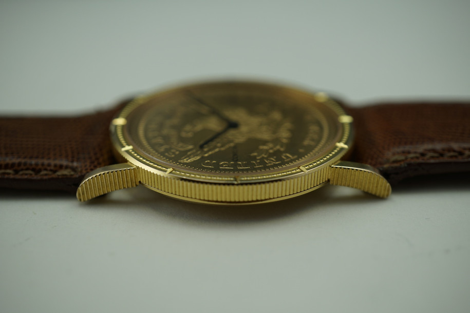 Corum $10 Liberty Coin Watch dates 2000's solid yellow gold modern pre owned for sale houston fabsuisse
