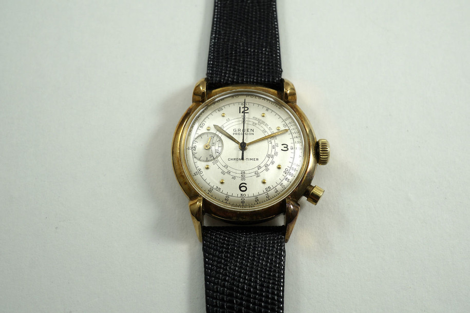 Gruen Precision Chrono-Timer 14k gold dates 1950's vintage grasshopper lugs pre owned for sale houston fabsuisse 